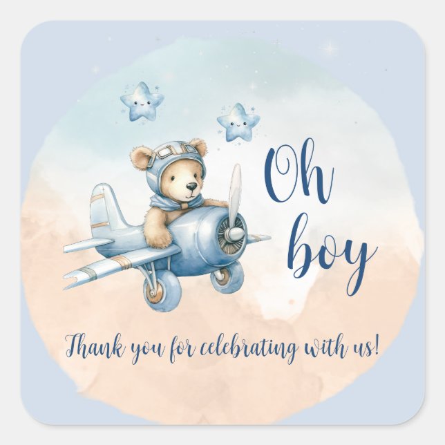 Pegatina Cuadrada Aviador de oseos de Teddy Oh Boy Baby Shower (Anverso)