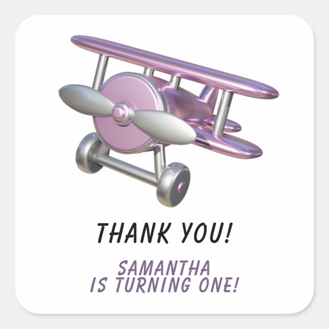 Pegatina Cuadrada Avión Cumpleaños primero Gracias (Anverso)