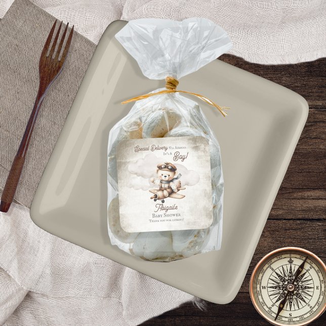 Pegatina Cuadrada Avión Teddy Bear entrega especial Baby Shower (Cute "Special Delivery Via Airmail . . . It's A Boy!" Teddy Bear Airplane Baby Shower Favor Stickers)