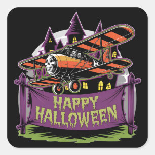 Pegatina Cuadrada Avión volando sobre el cartel de feliz halloween