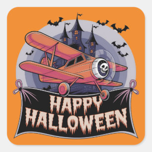 Pegatina Cuadrada Avión volando sobre el cartel de feliz halloween