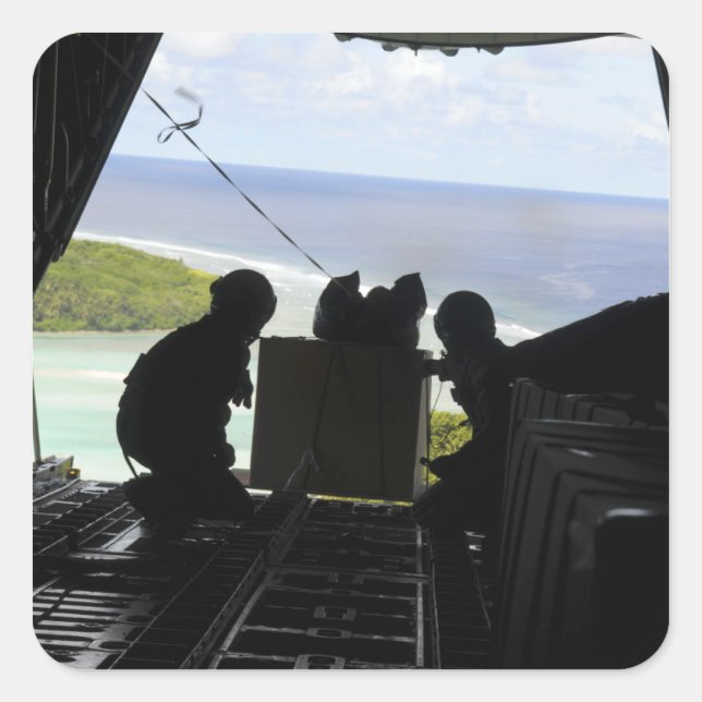 Pegatina Cuadrada Aviones sacan una paleta de artículos donados (Anverso)