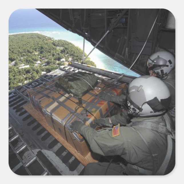 Pegatina Cuadrada Aviones sacan una paleta de artículos donados 2 (Anverso)