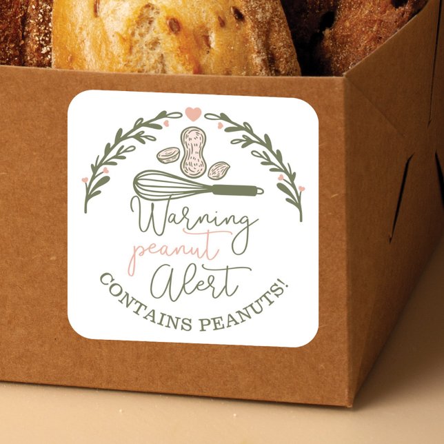 Pegatina Cuadrada Aviso de alerta de cacahuete - Alimentos alérgicos (Warning Peanut Alert - Bakery Peanut Allergy Food Square Sticker)