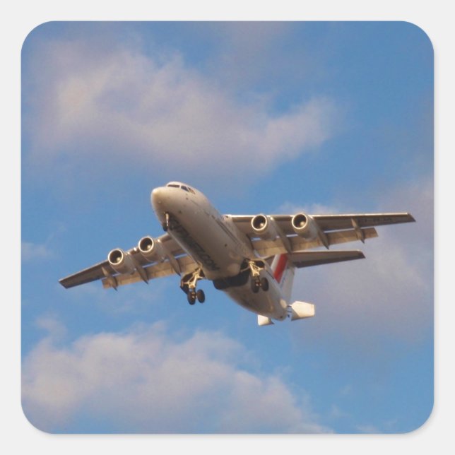 Pegatina Cuadrada Avro RJ85 Jet aterrizando (Anverso)