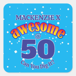 Pegatina Cuadrada AWESOME 50 Cumpleaños AZUL Ligero