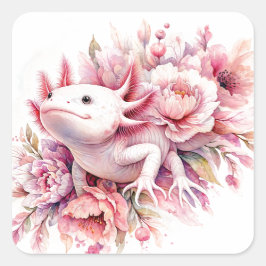 Pegatina Cuadrada Axolotl acuático entre flores rosadas
