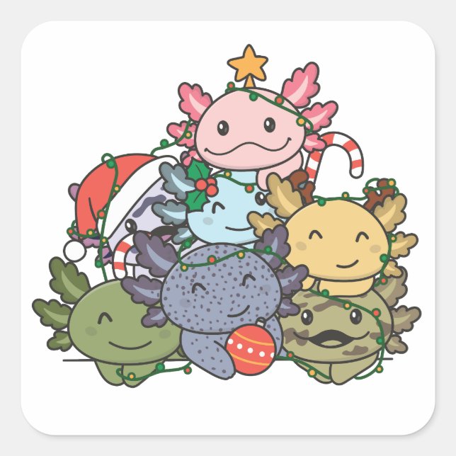 Pegatina Cuadrada Axolotl Árbol de Navidad Divertidos Navidades de a (Anverso)