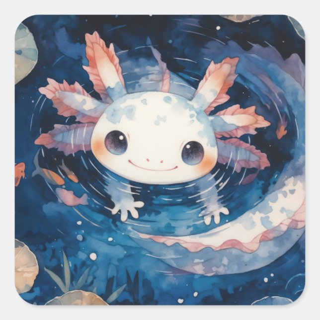 Pegatina Cuadrada Axolotl caprichoso en aguas bajo la luz de la luna (Anverso)