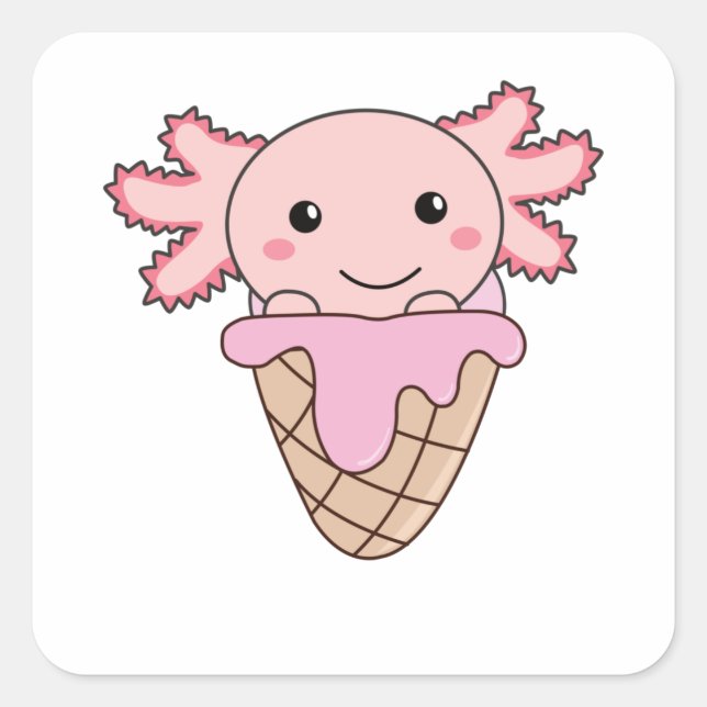 Pegatina Cuadrada Axolotl Crema De Hielo Rosa Waffle Animales Dulces (Anverso)