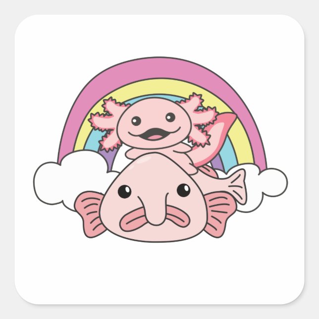 Pegatina Cuadrada Axolotl Cute Animales Con Arcoiris Kawaii (Anverso)