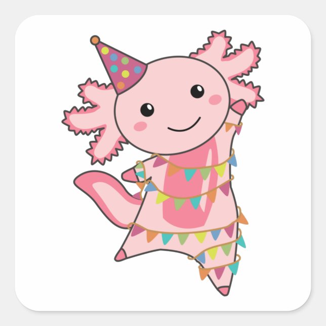 Pegatina Cuadrada Axolotl Desea Feliz Cumpleaños A Usted Axolotls (Anverso)