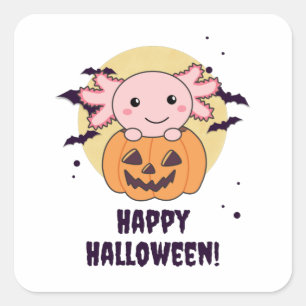 Pegatina Cuadrada Axolotl En Calabaza Dulce Axolotls Feliz Halloween
