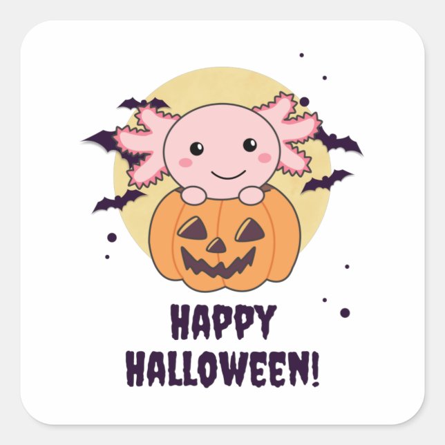 Pegatina Cuadrada Axolotl En Calabaza Dulce Axolotls Feliz Halloween (Anverso)