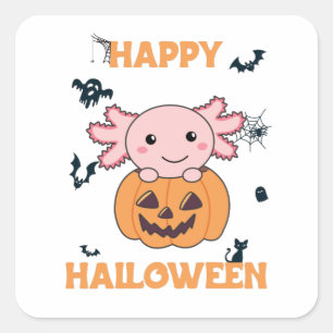 Pegatina Cuadrada Axolotl En Calabaza Dulce Axolotls Feliz Halloween
