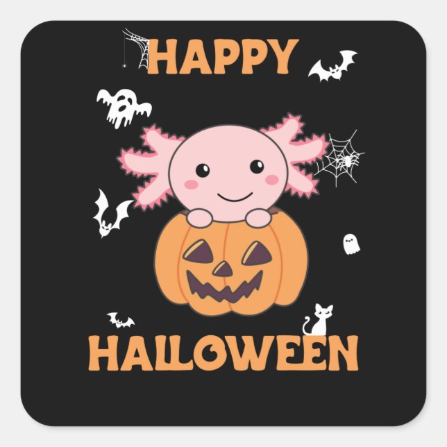 Pegatina Cuadrada Axolotl En Calabaza Dulce Axolotls Feliz Halloween (Anverso)