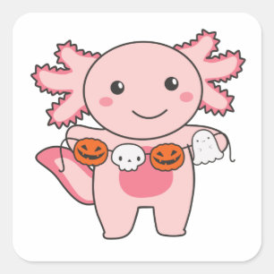 Pegatina Cuadrada Axolotl Feliz disfraz de calabaza de Halloween