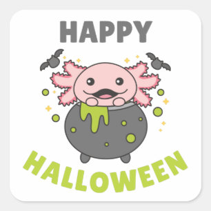 Pegatina Cuadrada Axolotl Feliz Halloween Cauldron Bat Square Sticke