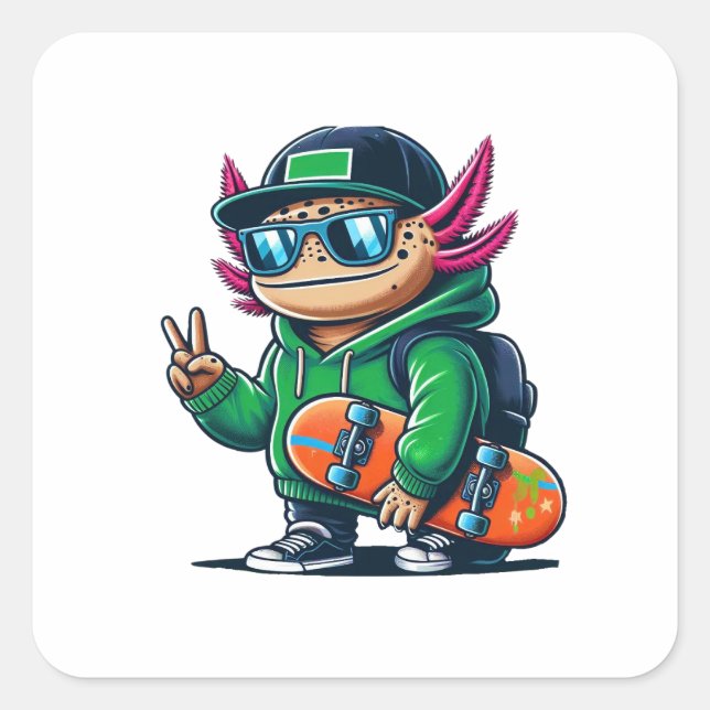 Pegatina Cuadrada Axolotl Skateboard (Anverso)