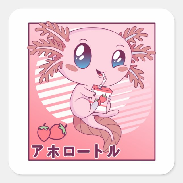 Pegatina Cuadrada Axolotl Strawberry Milk Retro Kawaii Japón Axolotl (Anverso)