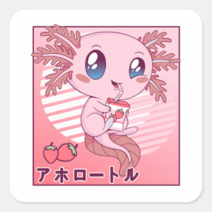 Pegatina Cuadrada Axolotl Strawberry Milk Retro Kawaii Japón Axolotl