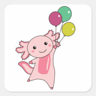 Pegatina Cuadrada Axolotl, un animal dulce, vuela con globos hacia a
