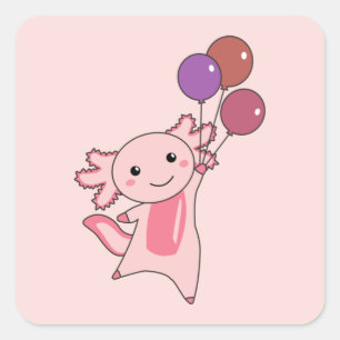 Pegatina Cuadrada Axolotl, un animal dulce, vuela con globos hacia a