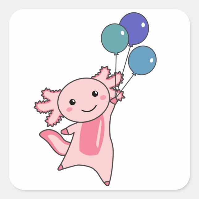 Pegatina Cuadrada Axolotl, un animal dulce, vuela con globos hacia a (Anverso)