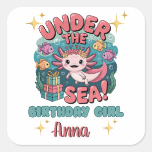 Pegatina Cuadrada Axolotl Under the Sea Birthday Chica Cute Ocean