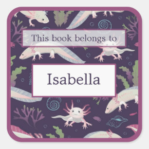 Pegatina Cuadrada Axolotls Underwater Purple Bookplate