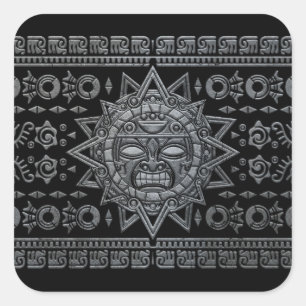 Pegatina Cuadrada Aztec Sun God - Piedra en negro