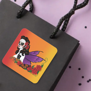 Pegatina Cuadrada Azúcar Hada Calavera Alas Moradas Rosas Atardecer