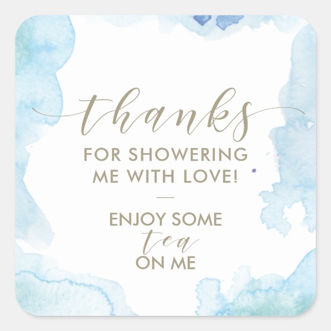 Pegatina Cuadrada Azul acuarela Gracias Bridal Shower Tea Favor (Anverso)