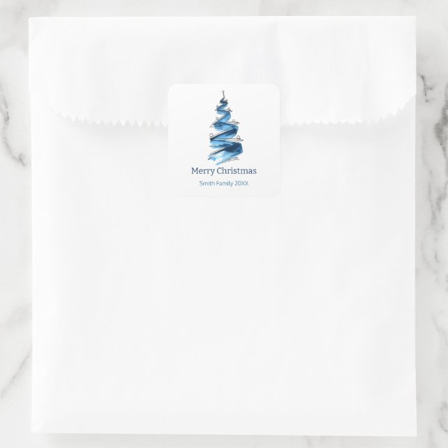 Pegatina Cuadrada Azul Árbol de Navidad (Bolso)