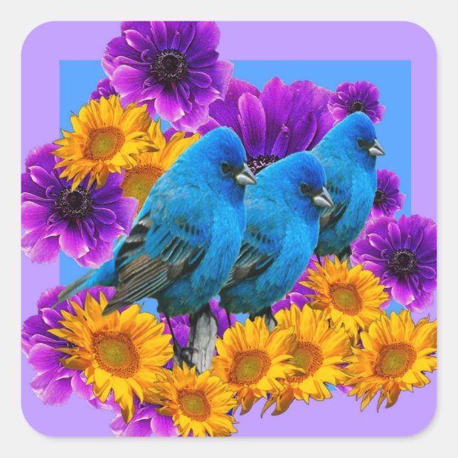 PEGATINA CUADRADA AZUL BIRDS FLORES ARTE AZUL (Anverso)
