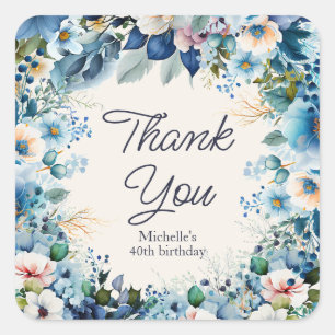 Pegatina Cuadrada Azul Blanco Floral Cumpleaños Gracias Mujer