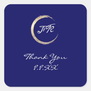 Pegatina Cuadrada Azul Blanco Gracias Monograma Oro Salvar La Fecha 