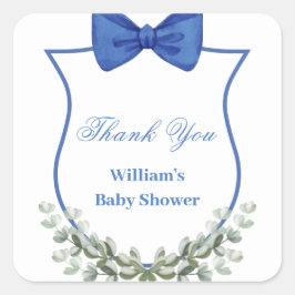 Pegatina Cuadrada Azul Bow Eucalyptus Escudo Baby Shower Gracias