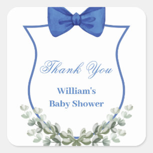 Pegatina Cuadrada Azul Bow Eucalyptus Escudo Baby Shower Gracias