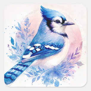 Pegatina Cuadrada Azul de Carbonero Marrón Botánico Pájaro Acuarela
