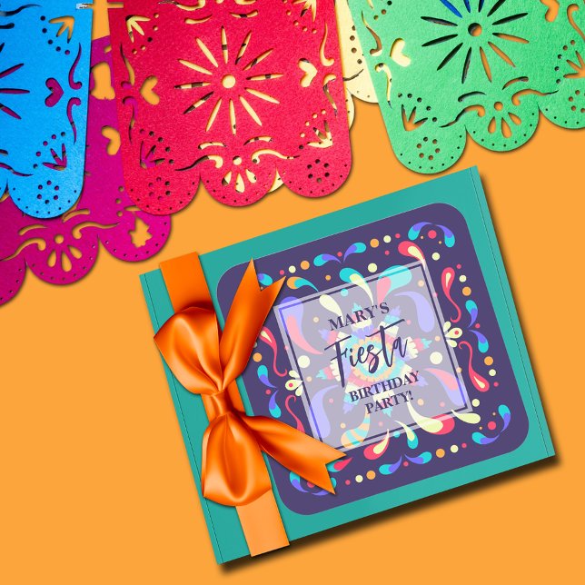 Pegatina Cuadrada Azul de Fiesta colorido (Colorful Fiesta Blue Square Birthday Stickers)