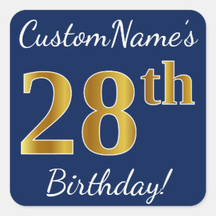 Pegatina Cuadrada Azul, Faux Gold 28th Birthday + Nombre personaliza