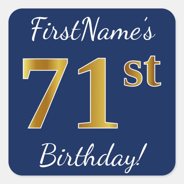 Pegatina Cuadrada Azul, Faux Gold 71st Birthday + Nombre personaliza (Anverso)