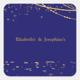 Pegatina Cuadrada Azul marino con estrellas de oro doble cumpleaños