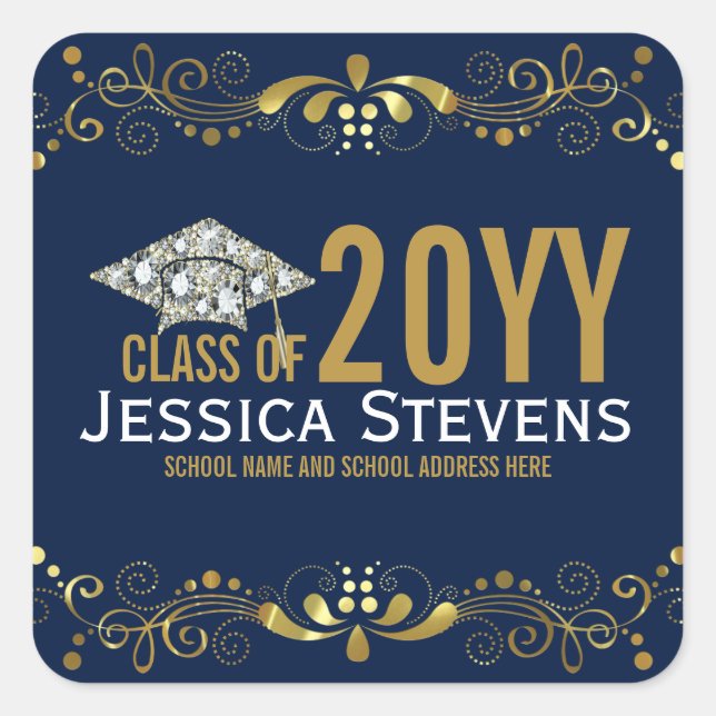 Pegatina Cuadrada Azul marino con Gorra Grad Faux Gold Lace & Diamon (Anverso)