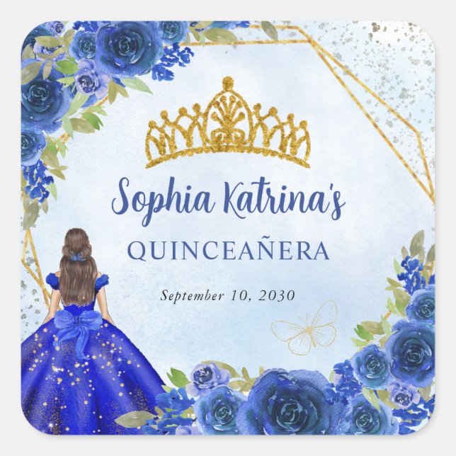 Pegatina Cuadrada Azul Marino Dorado Brillo Floral Princesa Tiara Fa (Anverso)