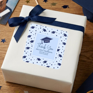 Pegatina Cuadrada Azul Marino Moderno Gracias Graduación Nombre