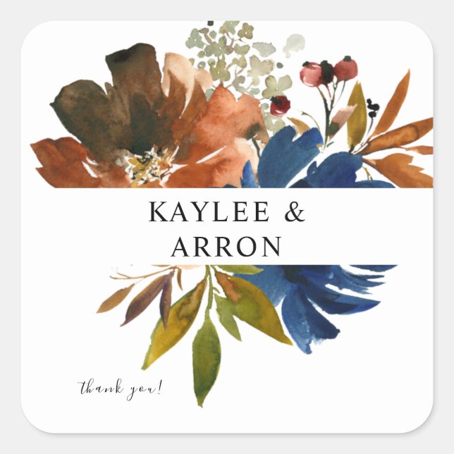 Pegatina Cuadrada Azul marino, Naranja y Floral marrón Gracias 2 (Anverso)