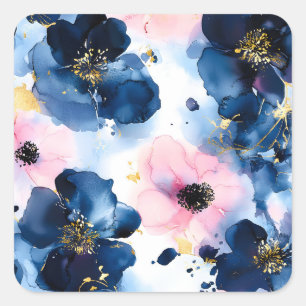 Pegatina Cuadrada Azul Marino Rosado Dorado Floral Acuarela