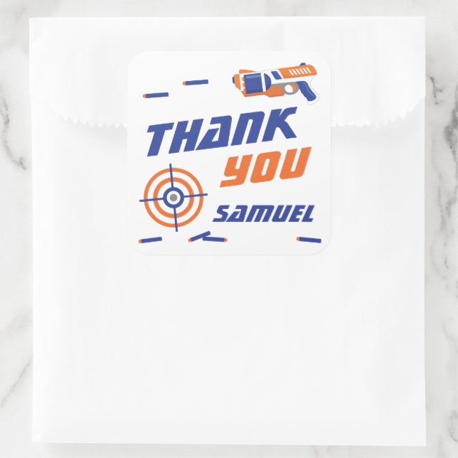 Pegatina Cuadrada Azul, Naranja Dart War Birday Party Gracias (Bolso)